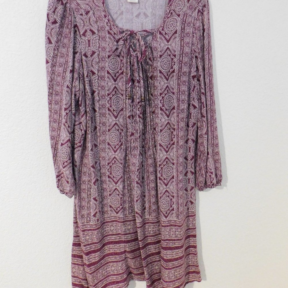 Terra and Sky Tunic Dress Elastic Sleeve Lace Up Pull Over Midi Boho Sz 0X 14W